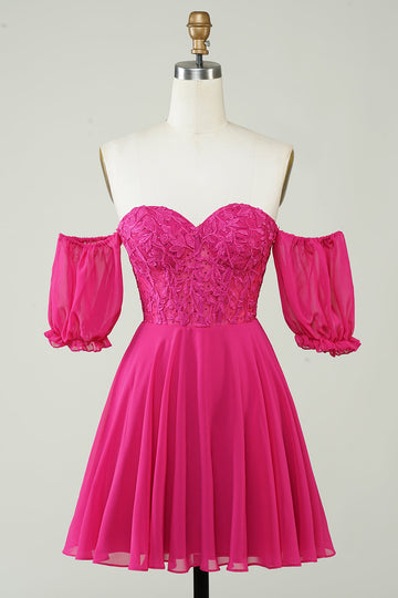Fucsia Corsé A-Line Chiffon Vestido corto de bienvenida con encaje